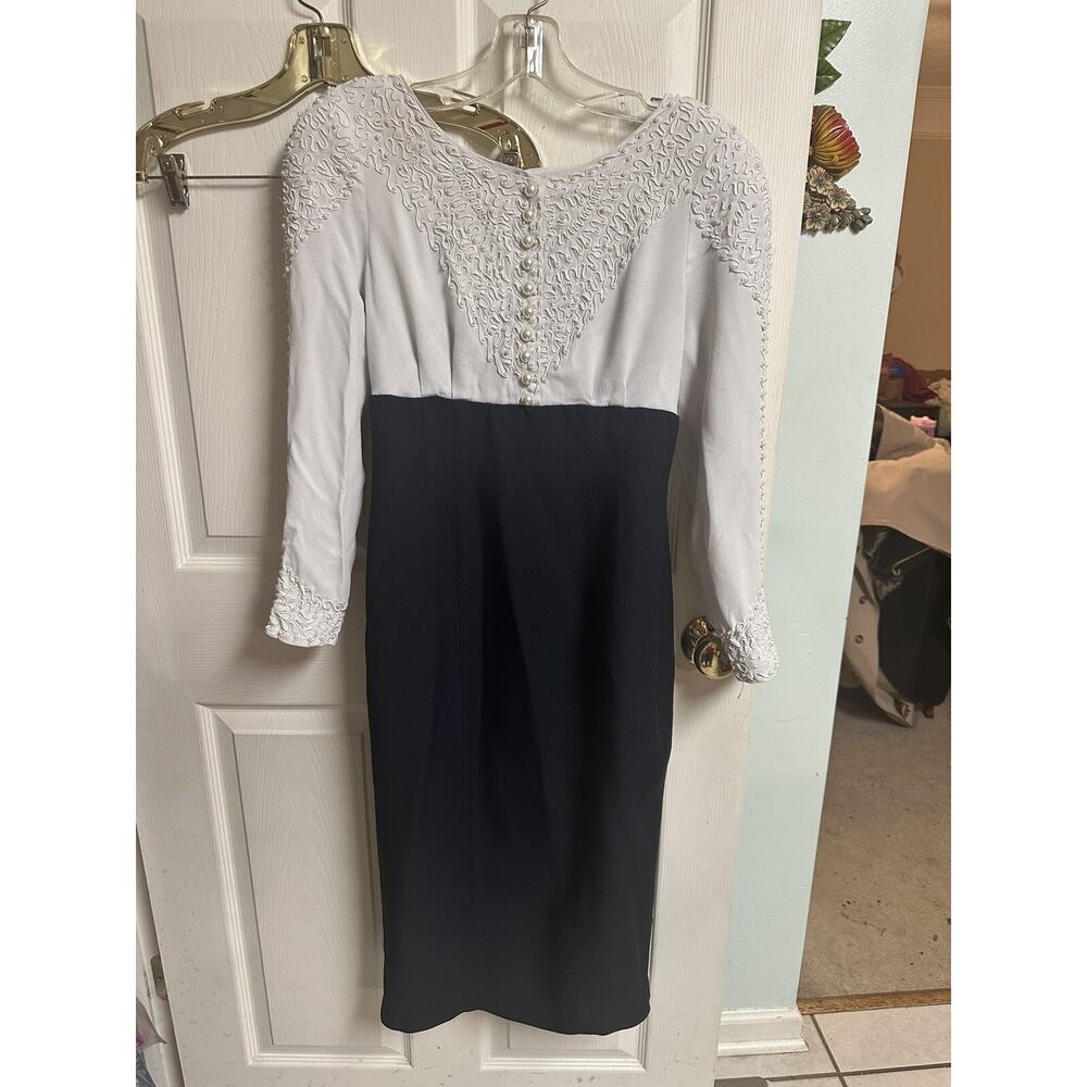 90s Marie St. Claire Black White Beaded Formal Evening Modest Dress Small 6 Y2k